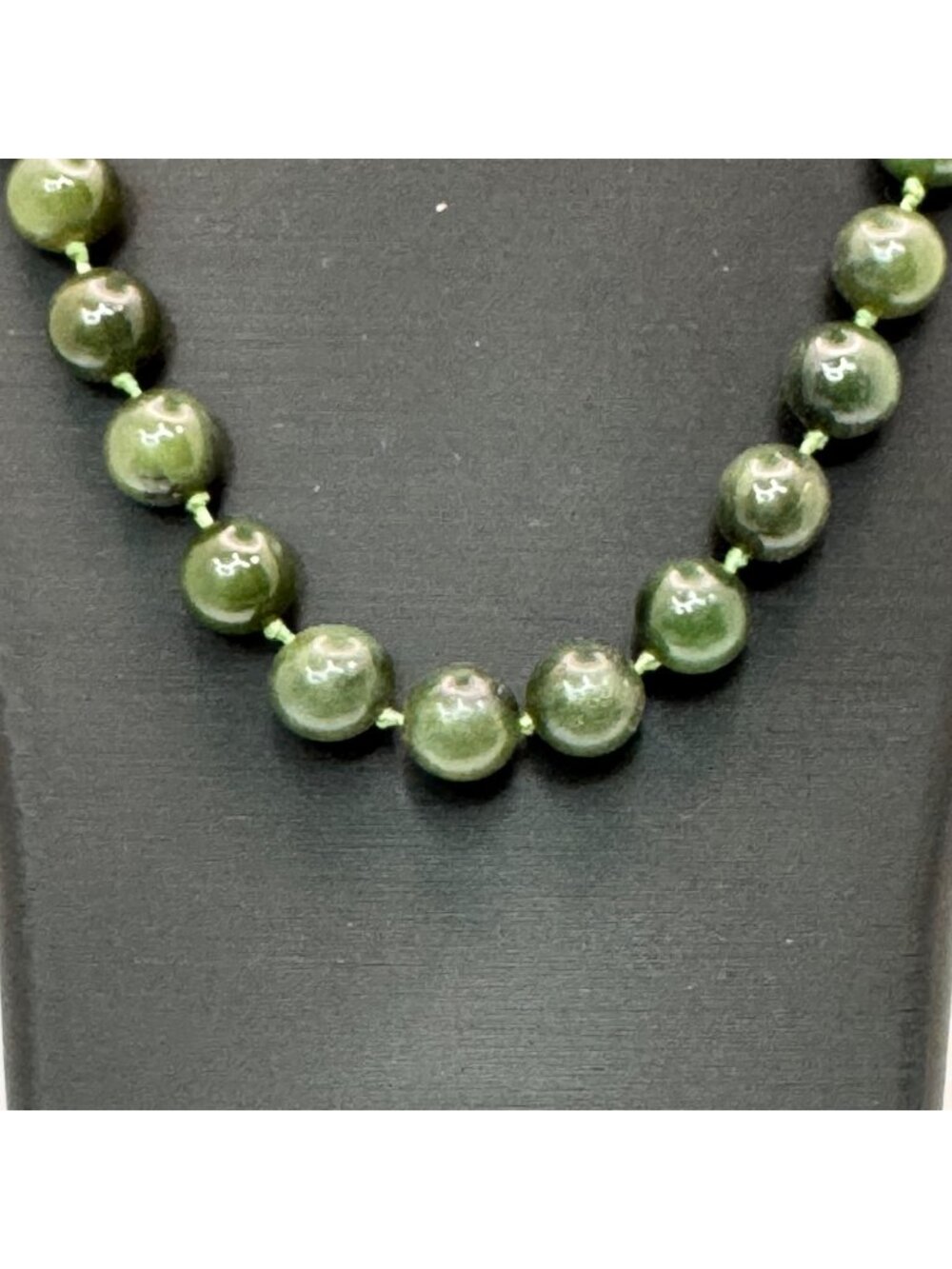Vintage Double Knotted Dark Green Jade Beaded Necklace 30” Polished Gemstone